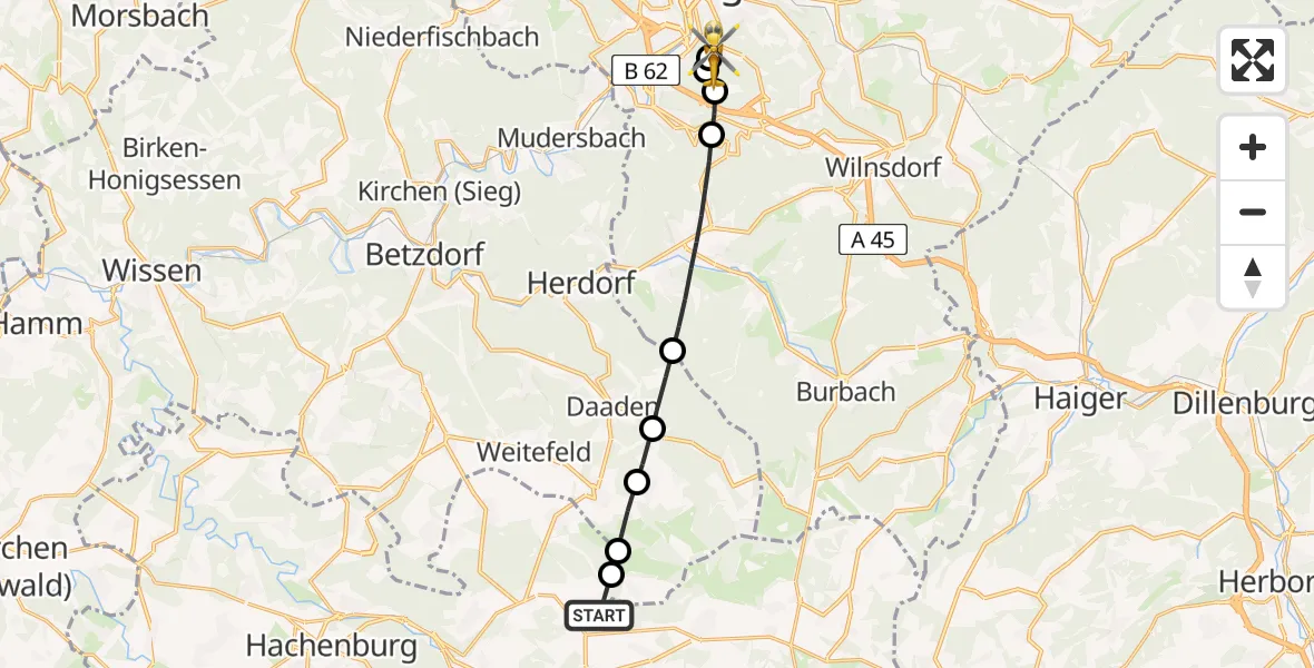 Flugroute Rettungshubschrauber Lautzenbrücken - Evangelisches Jung-Stilling Hospital, 26 August 2026, 16:22