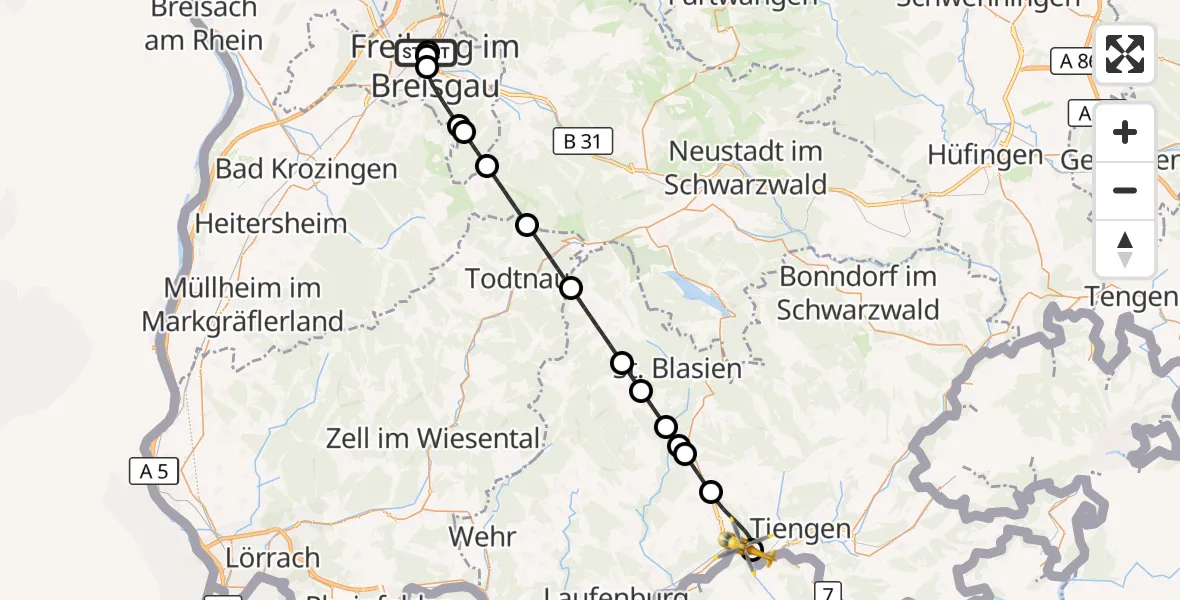 Flugroute Ambulanzhubschrauber Freiburg University Hospital Heliport 1 - Full-Reuenthal, 26 August 2026, 16:34