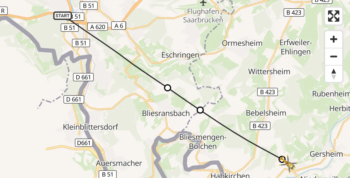 Flugroute Rettungshubschrauber Saarbrücken - Gersheim, 26 August 2026, 16:35