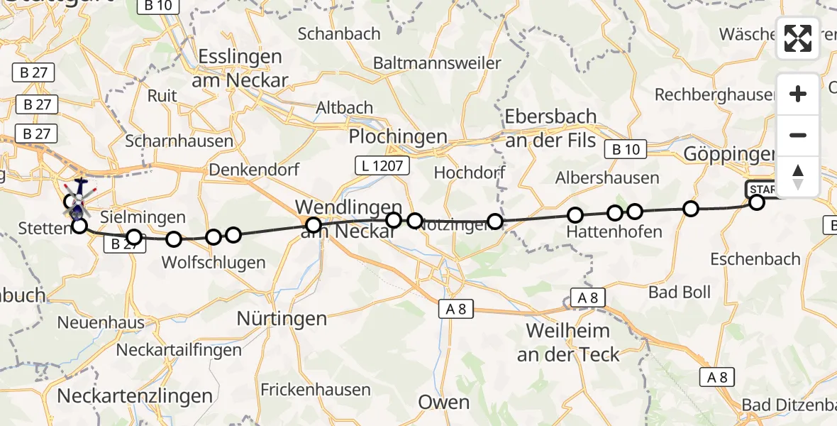 Flugroute Polizeihubschrauber Göppingen - Flughafen Stuttgart, 26 August 2026, 16:37