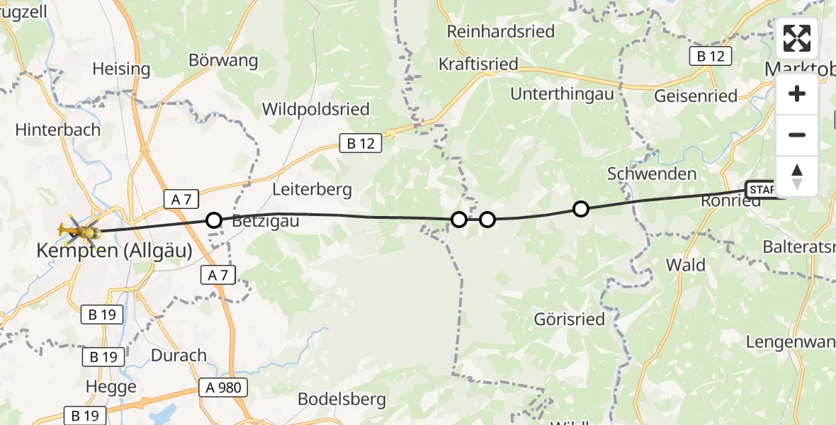Flugroute Rettungshubschrauber Marktoberdorf - Kempten (Allgäu), 26 August 2026, 16:37