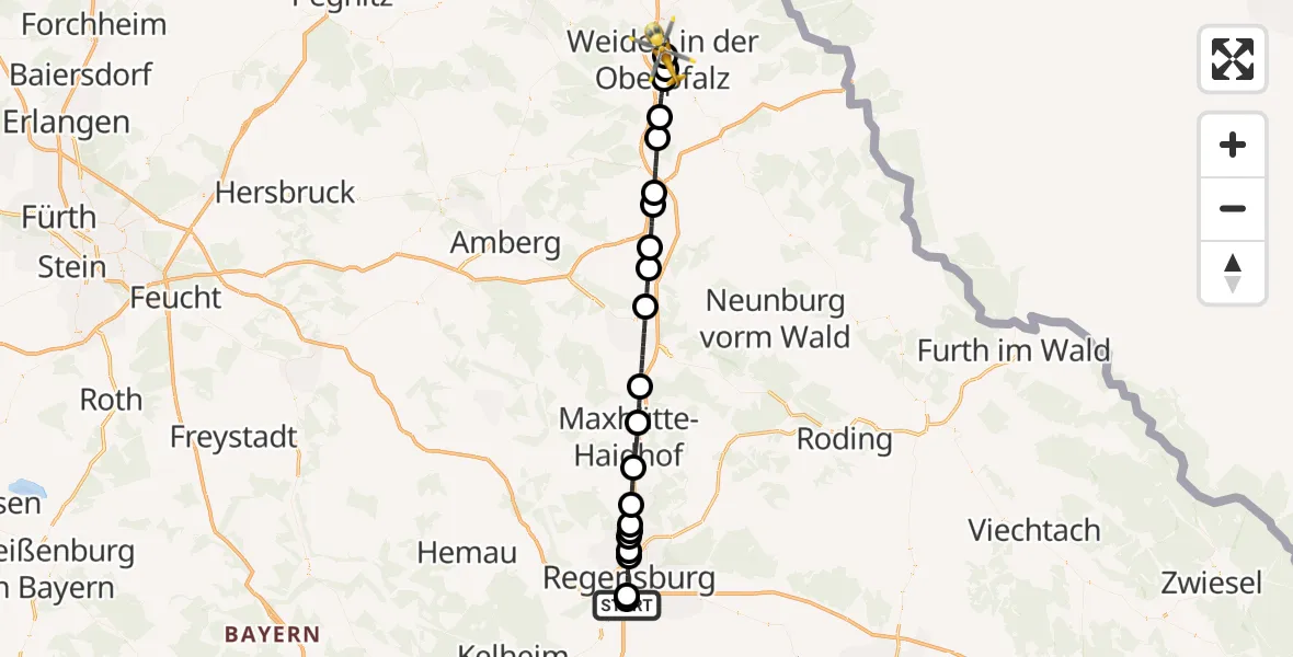 Flugroute Rettungshubschrauber DRF Air Rescue Station Regensburg / Regensburg University Hospital - Weiden Hospital, 26 August 2026, 16:49
