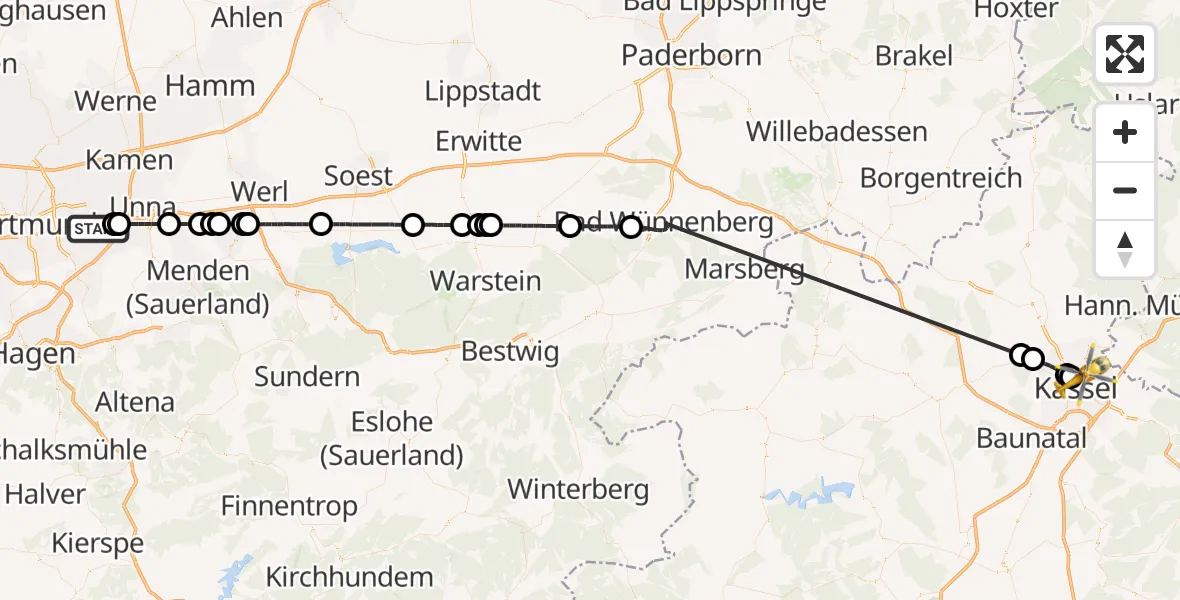 Flugroute Rettungshubschrauber Dortmund Flughafen - Kassel, 26 August 2026, 16:49