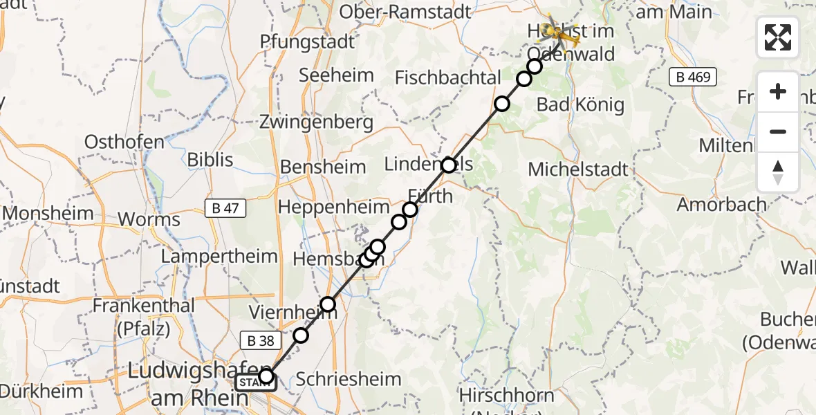 Flugroute Rettungshubschrauber Mannheim-City Flughafen - Höchst i.Odw., 26 August 2026, 16:52