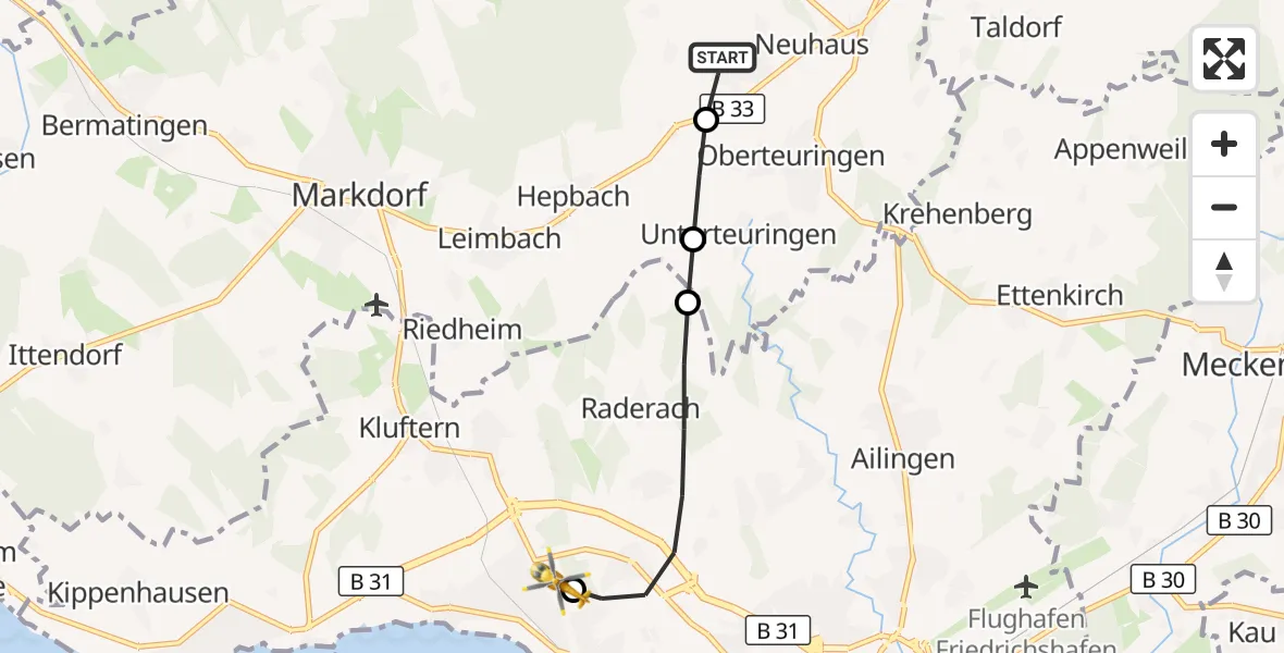 Flugroute Rettungshubschrauber Oberteuringen - Friedrichshafen Hospital, 26 August 2026, 16:54