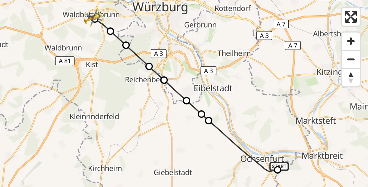 Flugroute Rettungshubschrauber Ochsenfurt Hospital - Waldbüttelbrunn, 26 August 2026, 16:59