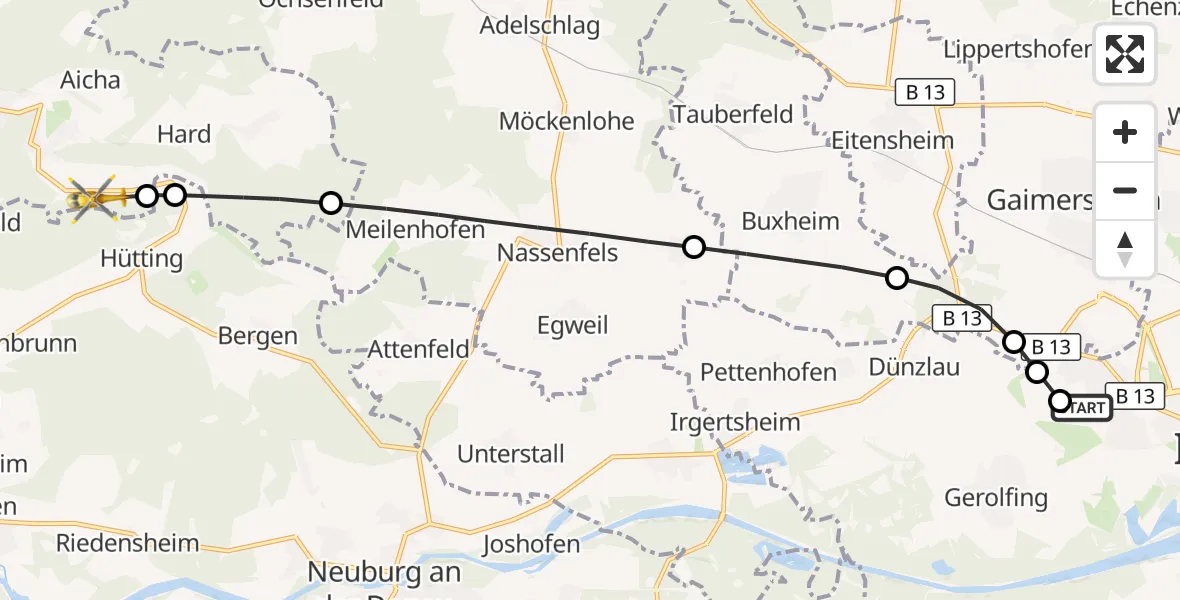 Flugroute Rettungshubschrauber Ingolstadt Hospital - Wellheim, 26 August 2026, 17:00