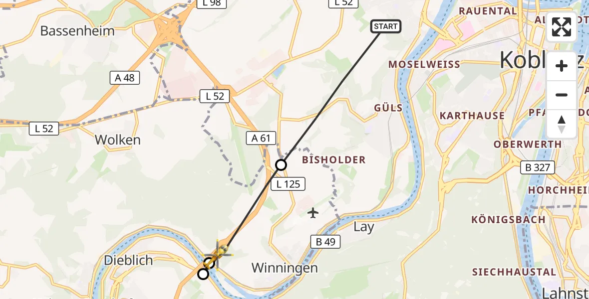 Flugroute Rettungshubschrauber Koblenz - Winningen, 26 August 2026, 17:04
