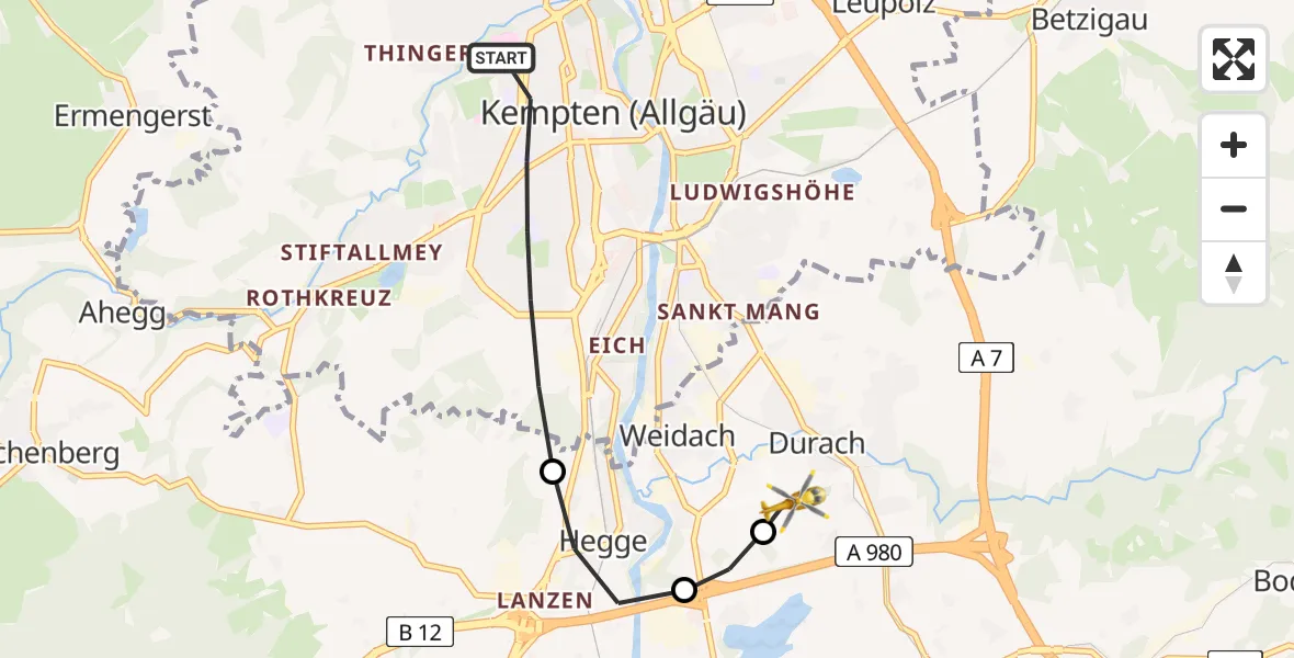 Flugroute Rettungshubschrauber Kempten (Allgäu) - Kempten-Durach Flugplatz, 26 August 2026, 17:14