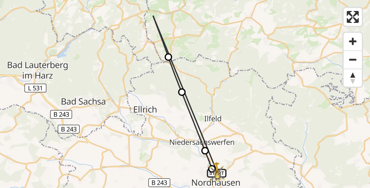Flugroute Rettungshubschrauber Südharz Hospital Nordhausen - Südharz Hospital Nordhausen, 26 August 2026, 17:16