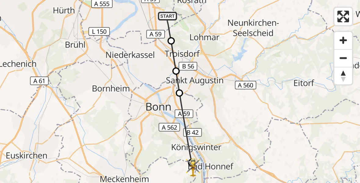 Flugroute Ambulanzhubschrauber Köln Bonn Flughafen - Wachtberg, 26 August 2026, 18:07