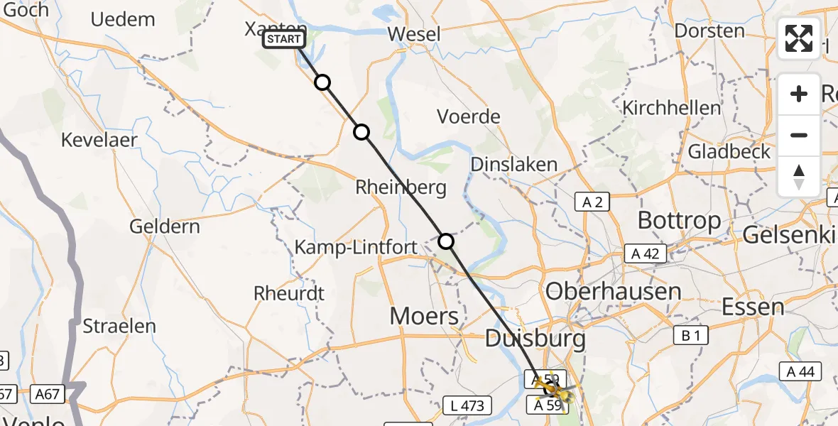 Flugroute Rettungshubschrauber Xanten - Sana Clinic Duisburg Hubschrauberlandeplatz, 26 August 2026, 18:08