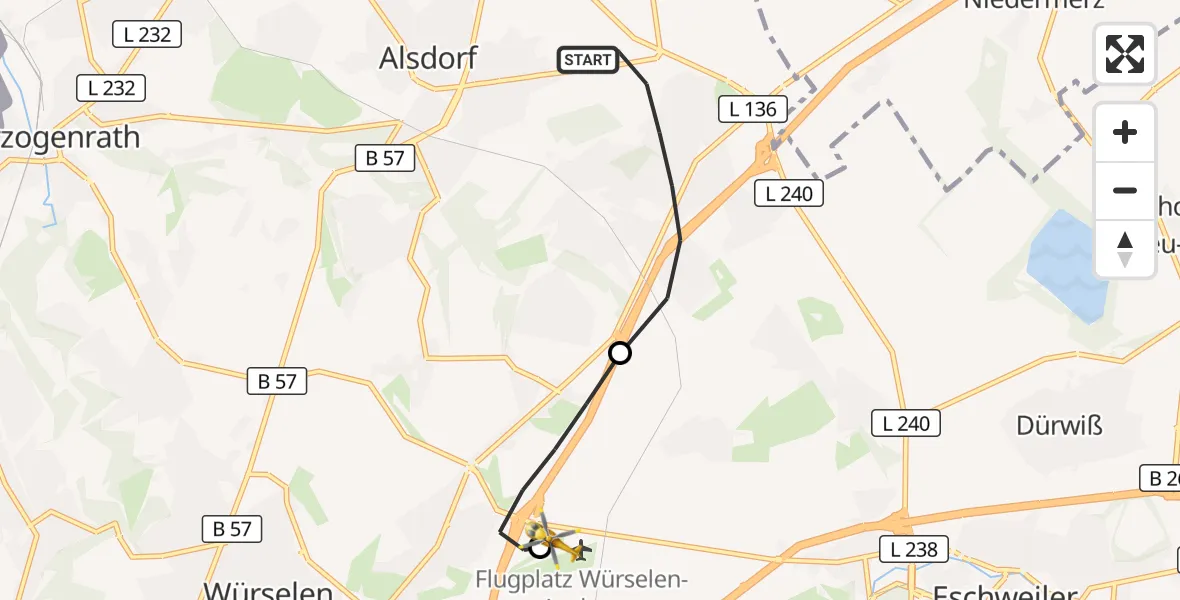 Flugroute Rettungshubschrauber Alsdorf - Aachen-Merzbrück Flughafen, 26 August 2026, 18:18