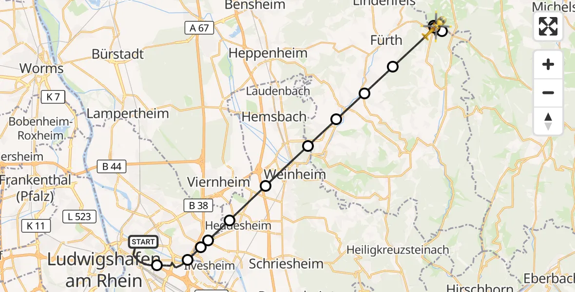 Flugroute Rettungshubschrauber Mannheim - Reichelsheim (Odenwald), 26 August 2026, 18:23
