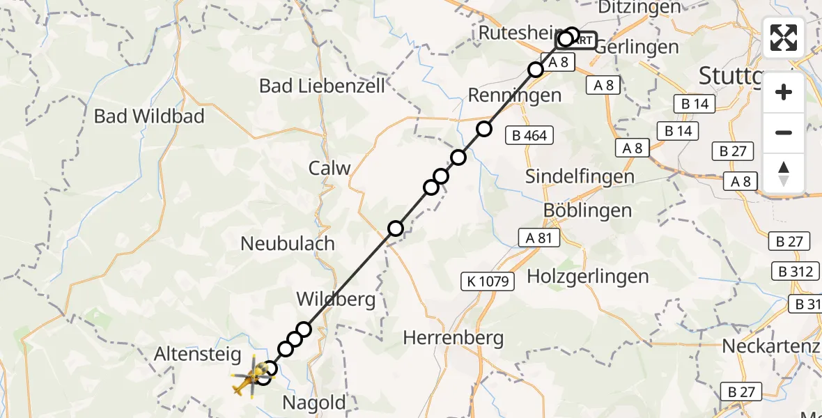 Flugroute Rettungshubschrauber Leonberg Hospital - Altensteig, 26 August 2026, 18:24