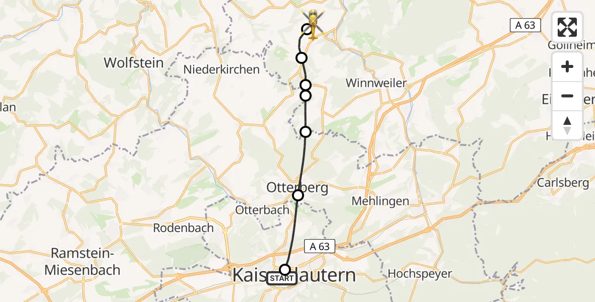 Flugroute Rettungshubschrauber Westpfalz Hospital Kaiserslautern - Rockenhausen, 26 August 2026, 18:35