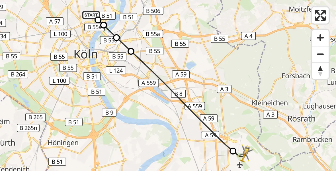 Flugroute Rettungshubschrauber Amsterdam Street Children's Hospital - Köln Bonn Flughafen, 26 August 2026, 18:44
