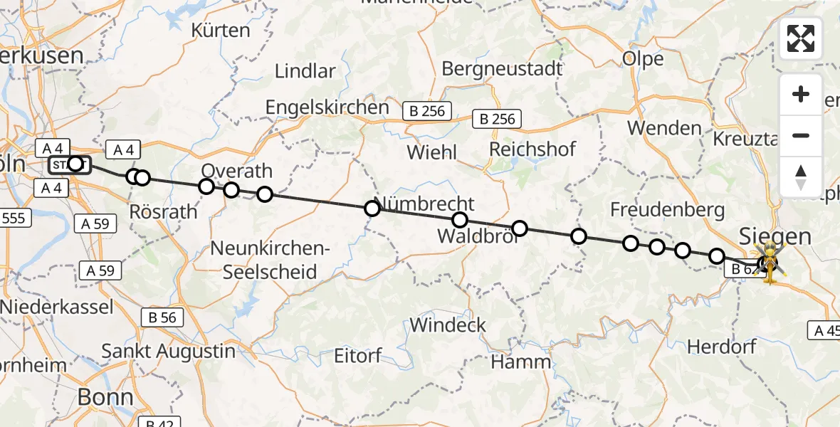 Flugroute Rettungshubschrauber Merheim Hospital - Evangelisches Jung-Stilling Hospital, 26 August 2026, 18:48