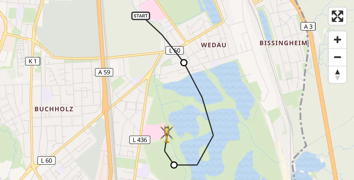 Flugroute Rettungshubschrauber Sana Clinic Duisburg Hubschrauberlandeplatz - Duisburg Air Rescue Hubschrauberlandeplatz (Christoph 9), 26 August 2026, 18:50