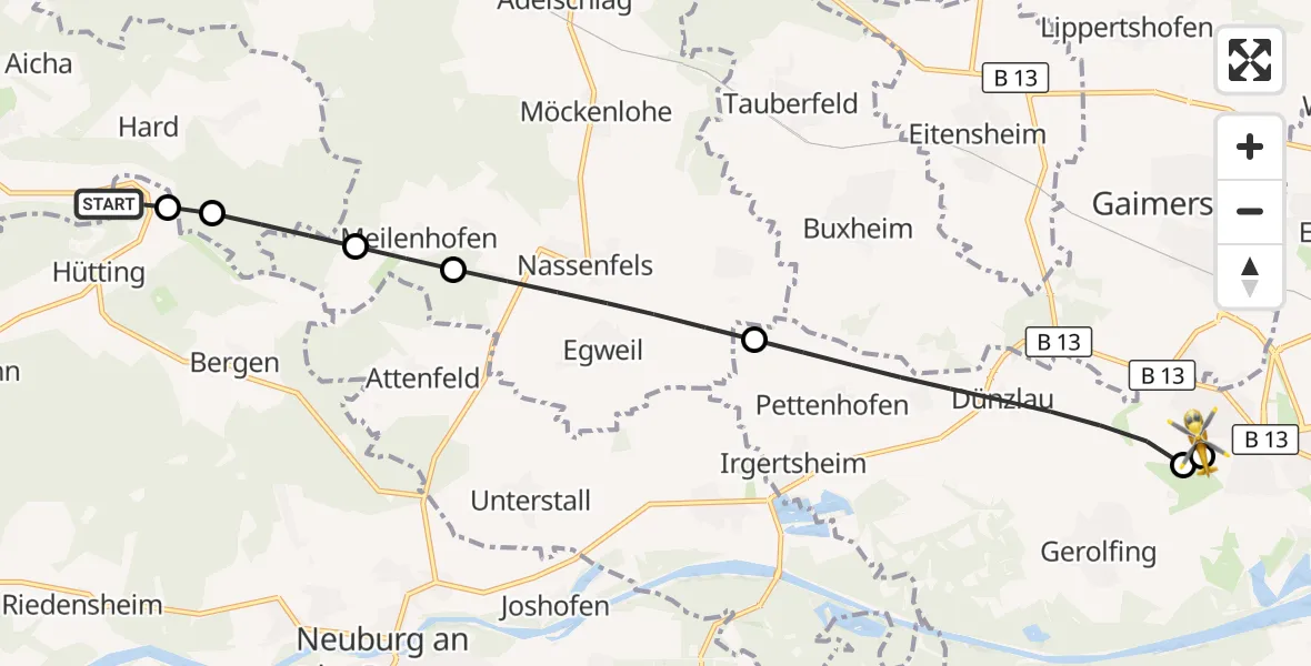 Flugroute Rettungshubschrauber Wellheim - Ingolstadt Hospital, 26 August 2026, 18:51
