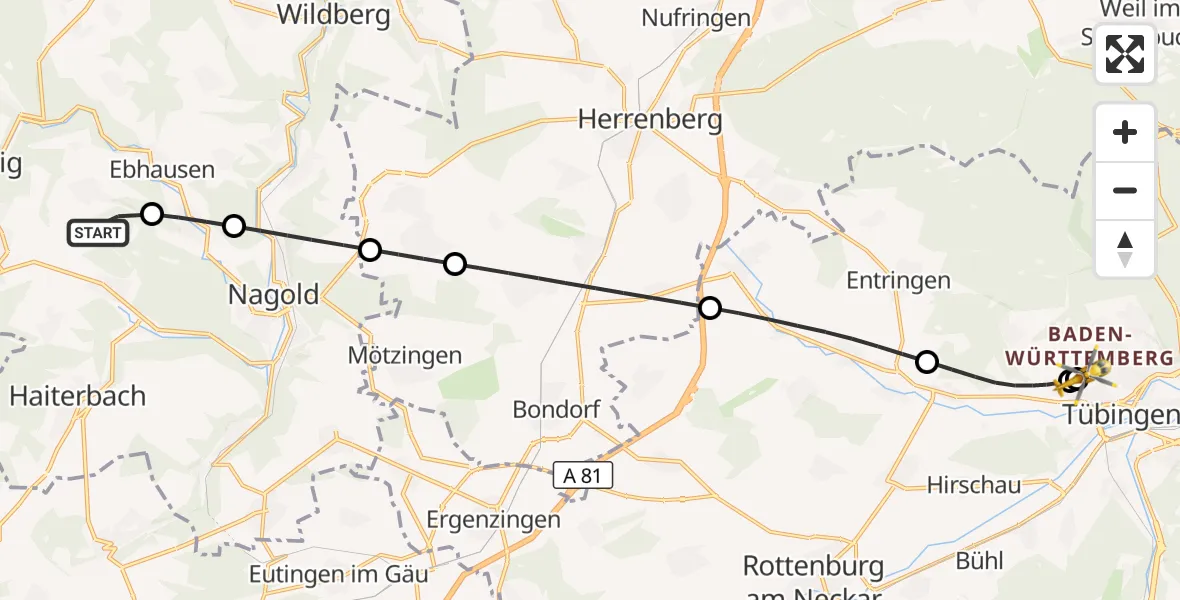 Flugroute Rettungshubschrauber Altensteig - Tübingen University Hospital, 26 August 2026, 18:52