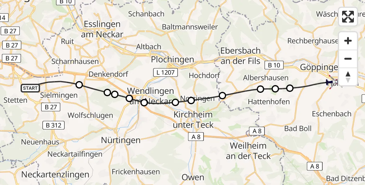 Flugroute Polizeihubschrauber Flughafen Stuttgart - Göppingen, 26 August 2026, 18:54
