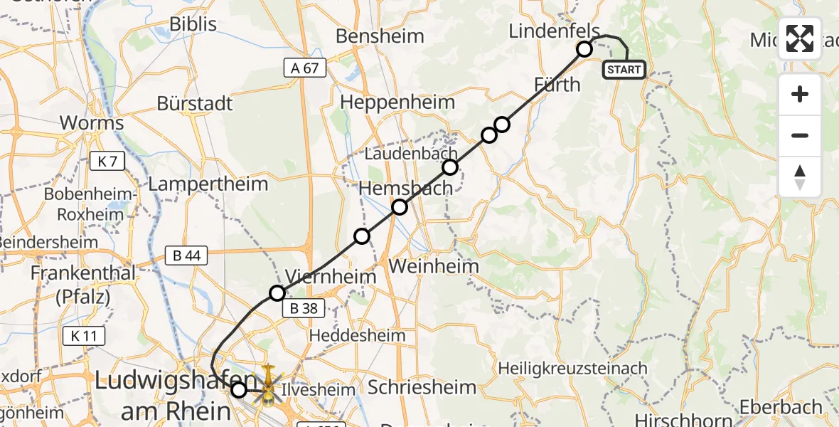 Flugroute Rettungshubschrauber Reichelsheim (Odenwald) - Mannheim-City Flughafen, 26 August 2026, 19:12