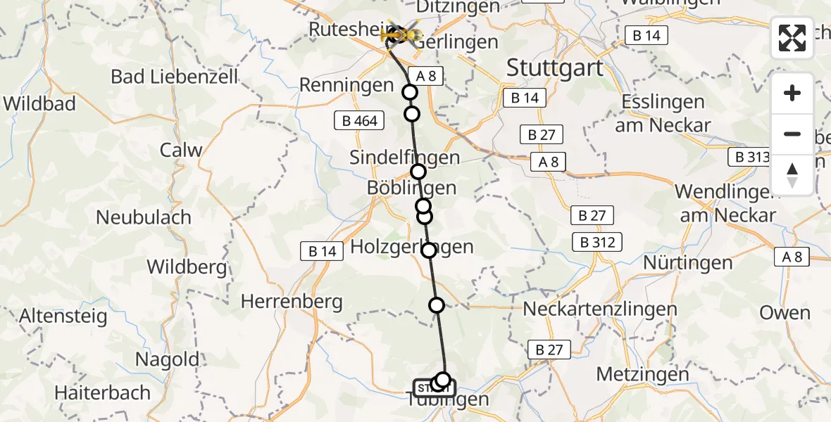Flugroute Rettungshubschrauber Tübingen University Hospital - Leonberg Hospital, 26 August 2026, 19:19