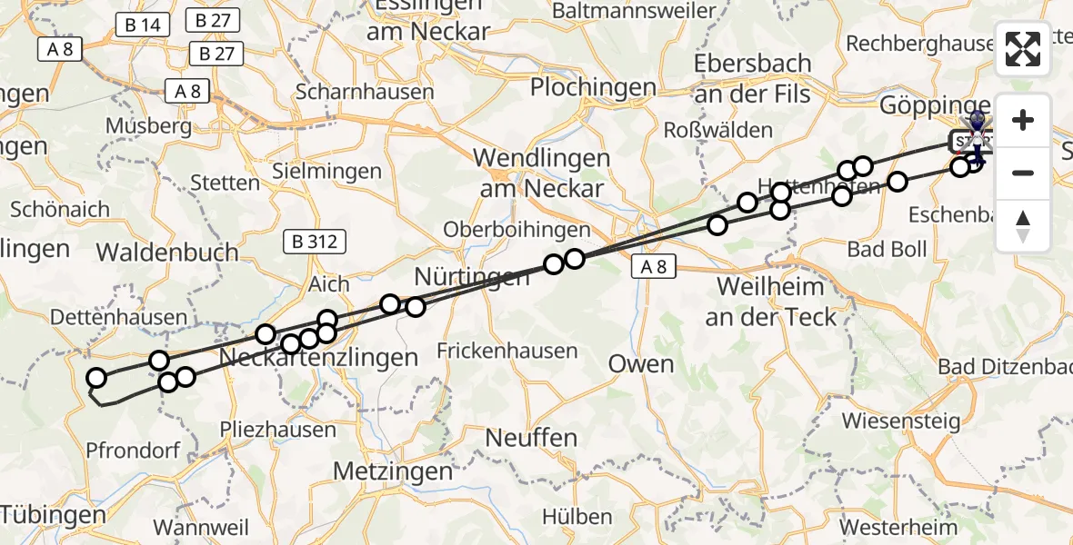Flugroute Polizeihubschrauber Göppingen - Göppingen, 26 August 2026, 19:22