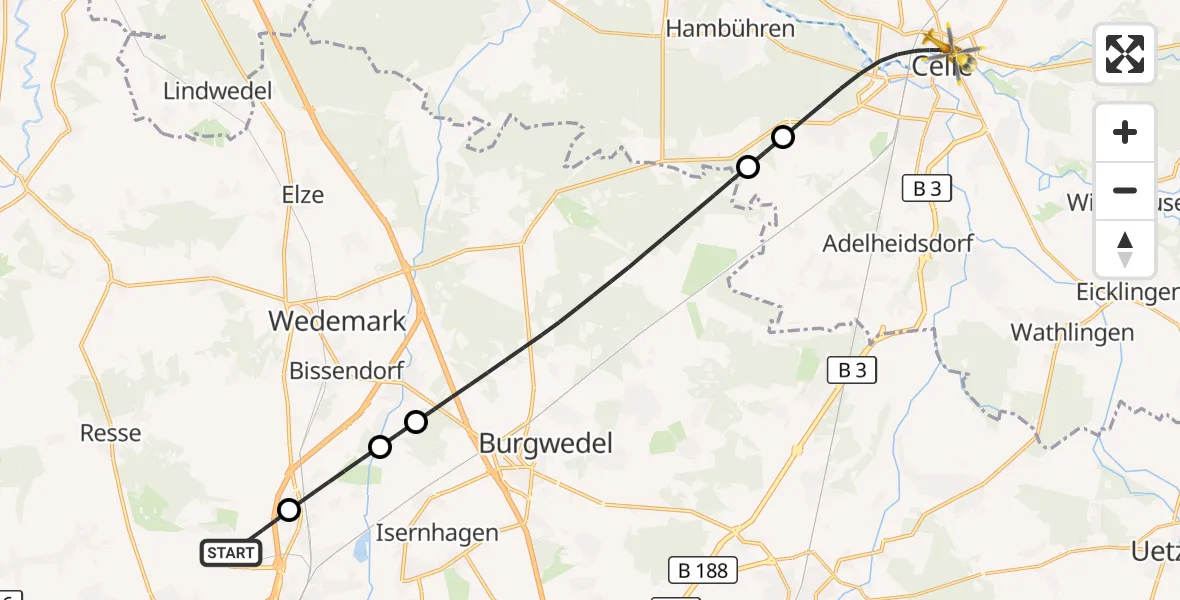 Flugroute Rettungshubschrauber Flughafen Hannover - Celle, 26 August 2026, 19:23