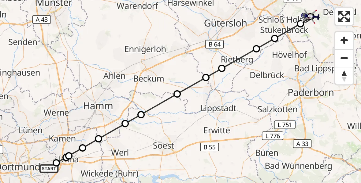 Flugroute Polizeihubschrauber Dortmund Flughafen - Lage, 26 August 2026, 19:31