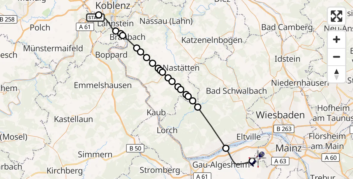 Flugroute Polizeihubschrauber Koblenz-Winningen Flugplatz - Mainz-Finthen Flugplatz, 26 August 2026, 19:38