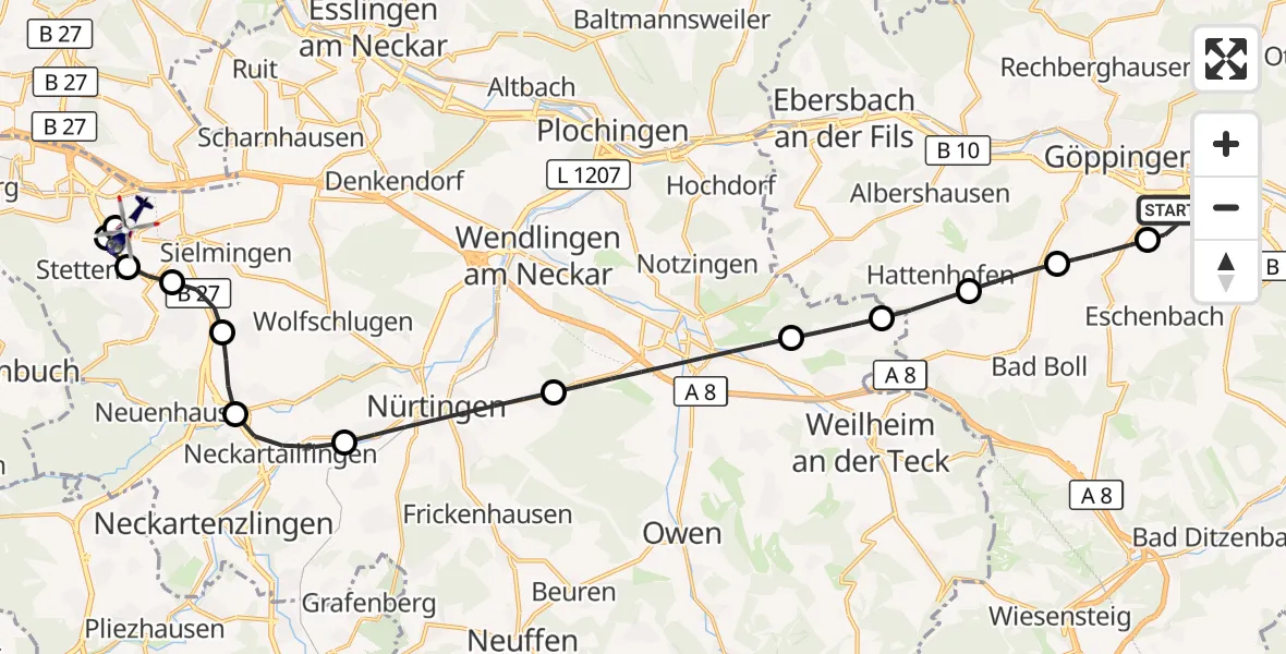 Flugroute Polizeihubschrauber Göppingen - Flughafen Stuttgart, 26 August 2026, 20:03