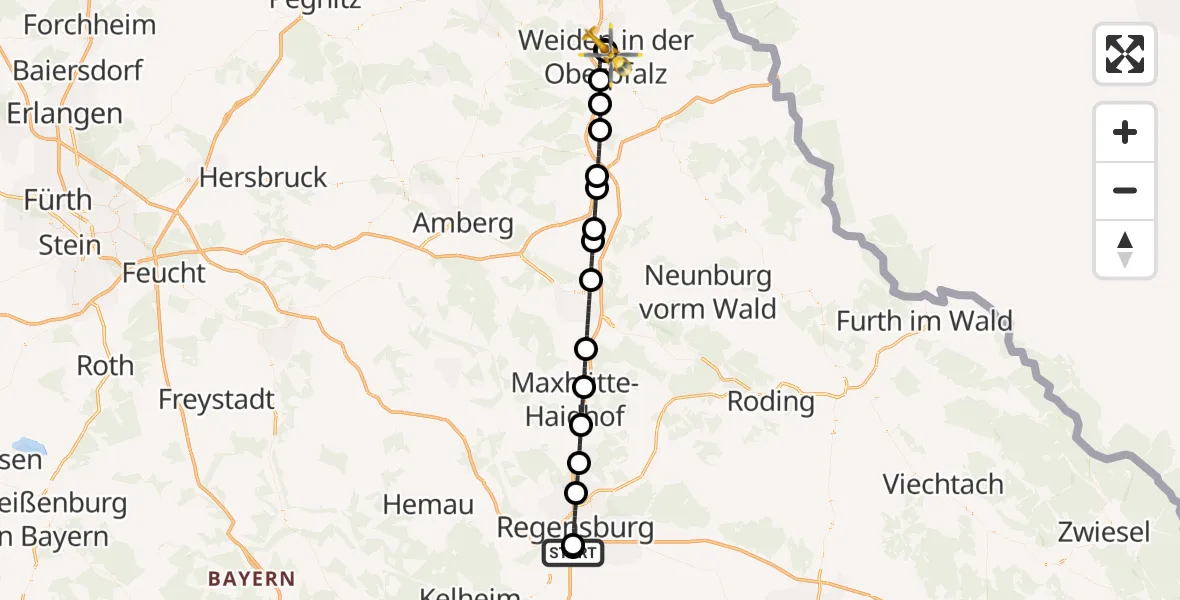 Flugroute Rettungshubschrauber DRF Air Rescue Station Regensburg / Regensburg University Hospital - Weiden Hospital, 26 August 2026, 20:33