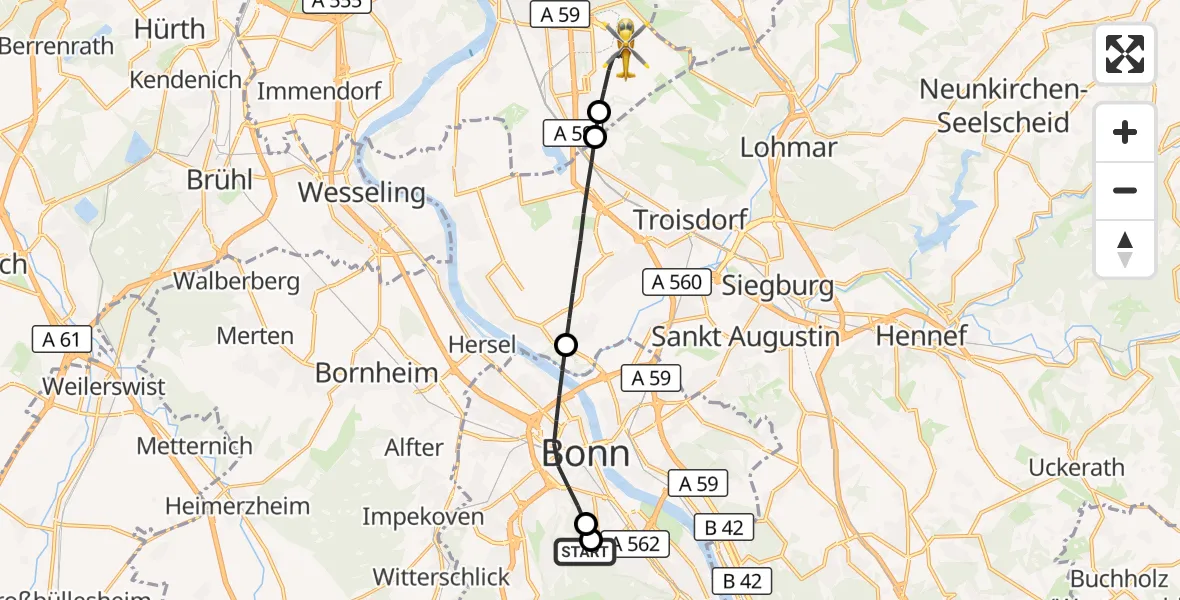 Flugroute Ambulanzhubschrauber Bonn University Hospital - Köln Bonn Flughafen, 26 August 2026, 20:44