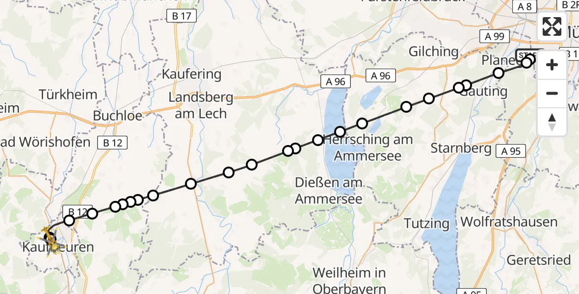 Flugroute Rettungshubschrauber DRF Air Rescue München Hubschrauberlandeplatz - Ostallgäu-Kaufbeuren Hospital, 26 August 2026, 20:57