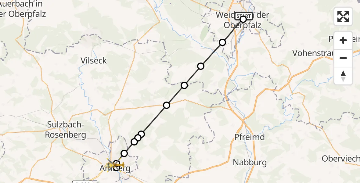 Flugroute Rettungshubschrauber Weiden Hospital - Amberg, 26 August 2026, 21:28