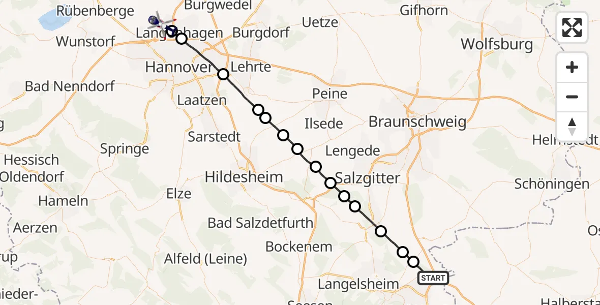 Flugroute Polizeihubschrauber Goslar - Flughafen Hannover, 26 August 2026, 21:36
