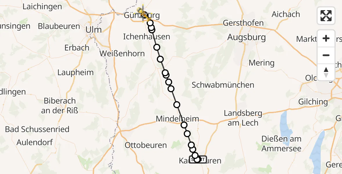 Flugroute Rettungshubschrauber Ostallgäu-Kaufbeuren Hospital - Günzburg Hospital, 26 August 2026, 21:38
