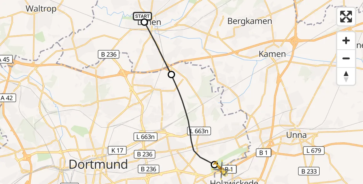 Flugroute Rettungshubschrauber Sankt Marien Hospital - Dortmund Flughafen, 26 August 2026, 21:40
