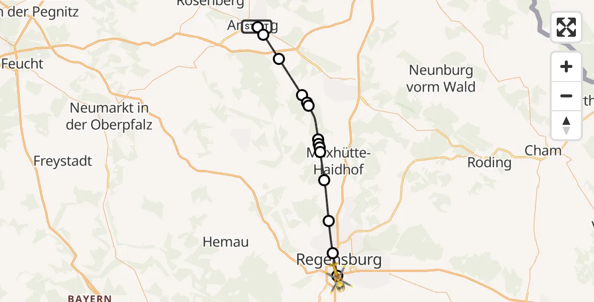 Flugroute Rettungshubschrauber Sankt Marien Hospital Amberg - DRF Air Rescue Station Regensburg / Regensburg University Hospital, 26 August 2026, 22:01