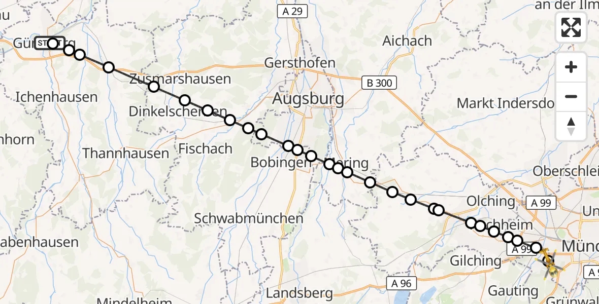 Flugroute Rettungshubschrauber Günzburg Hospital - DRF Air Rescue München Hubschrauberlandeplatz, 26 August 2026, 22:17