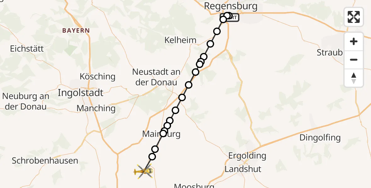 Flugroute Rettungshubschrauber DRF Air Rescue Station Regensburg / Regensburg University Hospital - Au i.d.Hallertau, 26 August 2026, 22:32