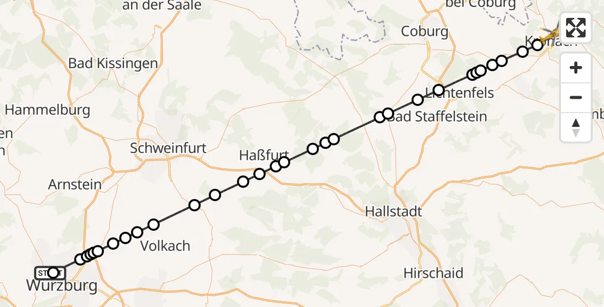 Flugroute Rettungshubschrauber Würzburg-Schenkenturm Flugplatz - Kronach, 26 August 2026, 22:44