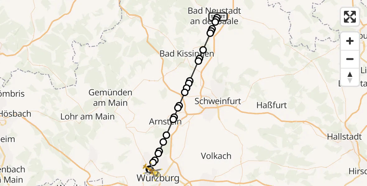 Flugroute Rettungshubschrauber Bad Neustadt an der Saale Hospital - Würzburg-Schenkenturm Flugplatz, 27 August 2026, 01:34