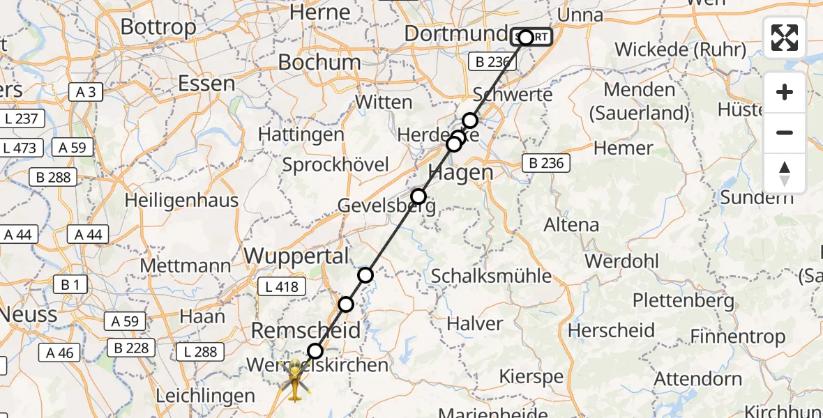 Flugroute Rettungshubschrauber Dortmund Flughafen - Wermelskirchen, 27 August 2026, 02:13