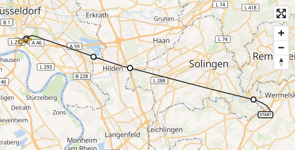 Flugroute Rettungshubschrauber Wermelskirchen - Düsseldorf University Hospital, 27 August 2026, 02:54