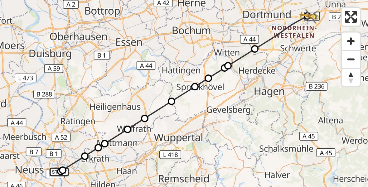 Flugroute Rettungshubschrauber Düsseldorf University Hospital - Dortmund Flughafen, 27 August 2026, 03:39