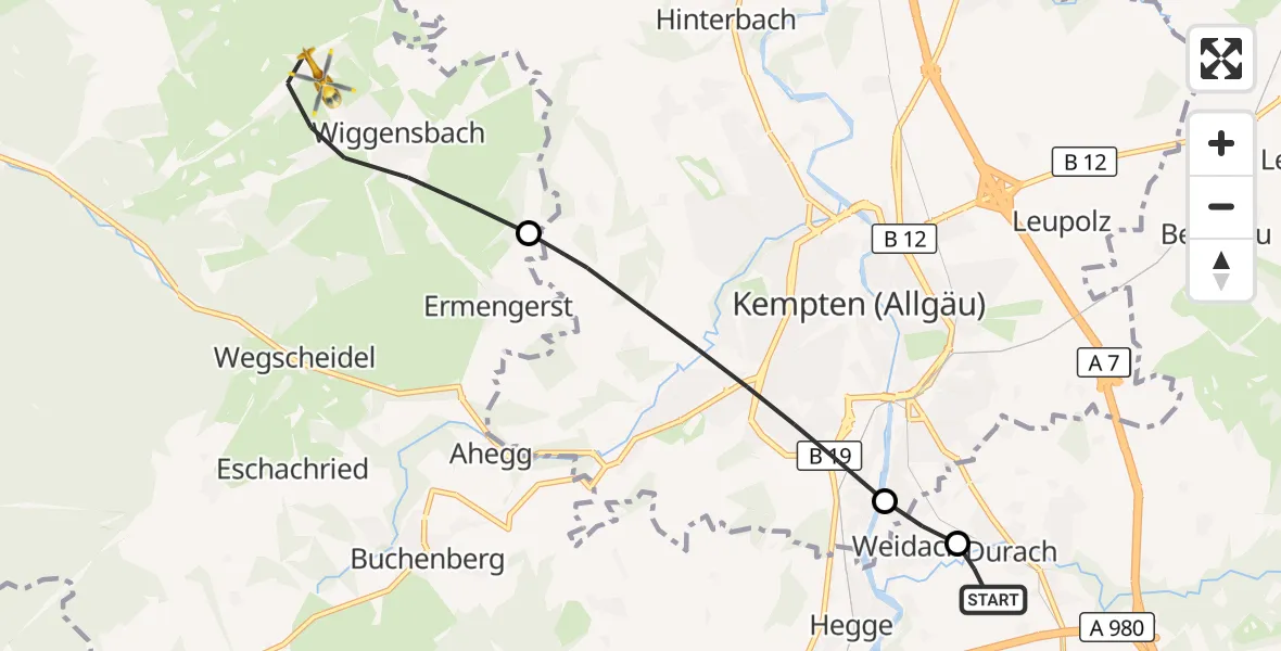 Flugroute Rettungshubschrauber Kempten-Durach Flugplatz - Wiggensbach, 27 August 2026, 05:12