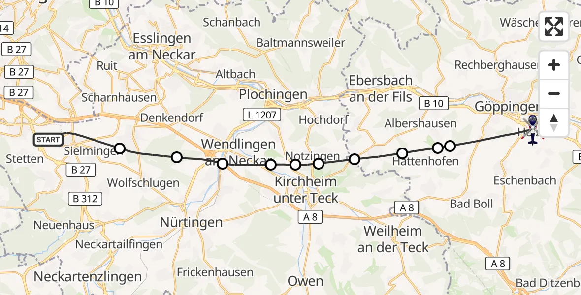 Flugroute Polizeihubschrauber Flughafen Stuttgart - Göppingen, 27 August 2026, 05:13